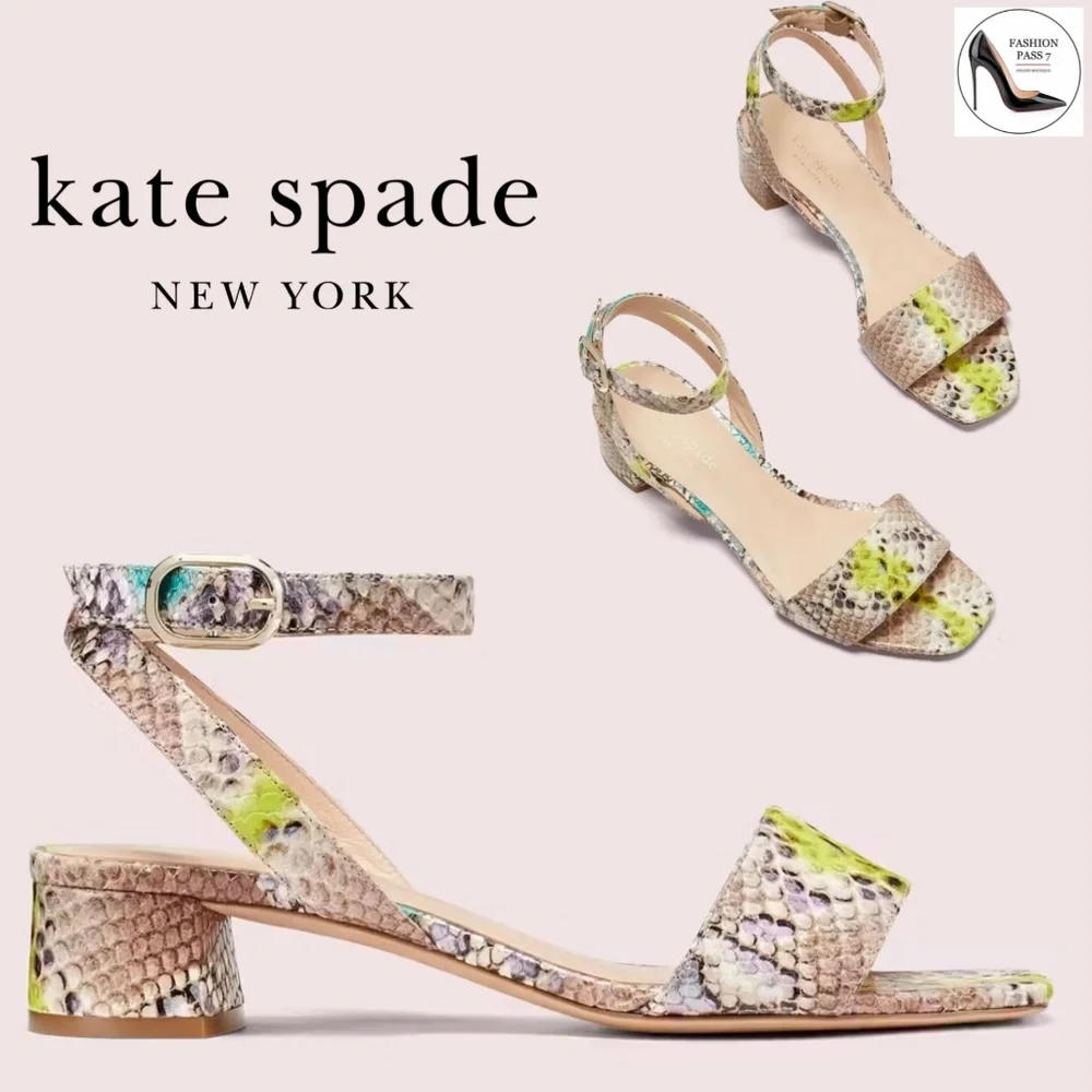 KATE SPADE Lucia Snakeskin Leather block heel Sandall Ankle strap round toe shoe